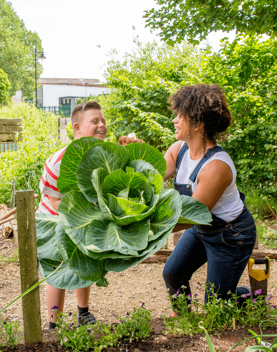 Woman & boy with cabbage